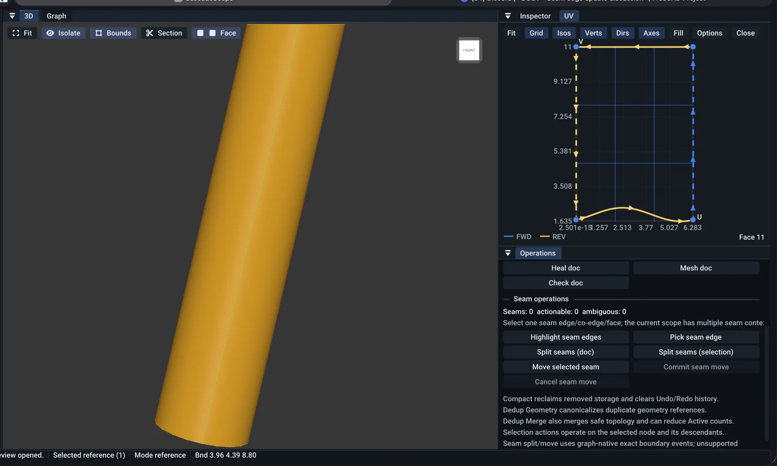CascadeScope view of a cylindrical region with a UV chart spanning approximately one full U period.
