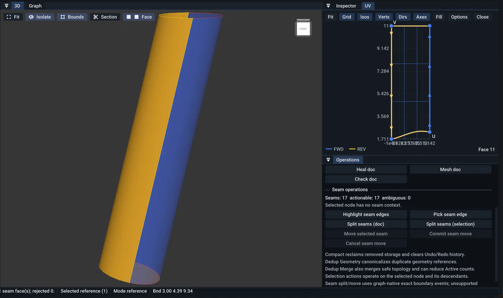 CascadeScope view of a selected half-cylinder region and a UV chart spanning approximately half a U period.